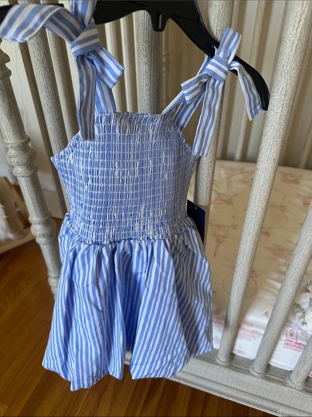 Habitual Light Blue and White Smocked Tie-Shoulder Dress